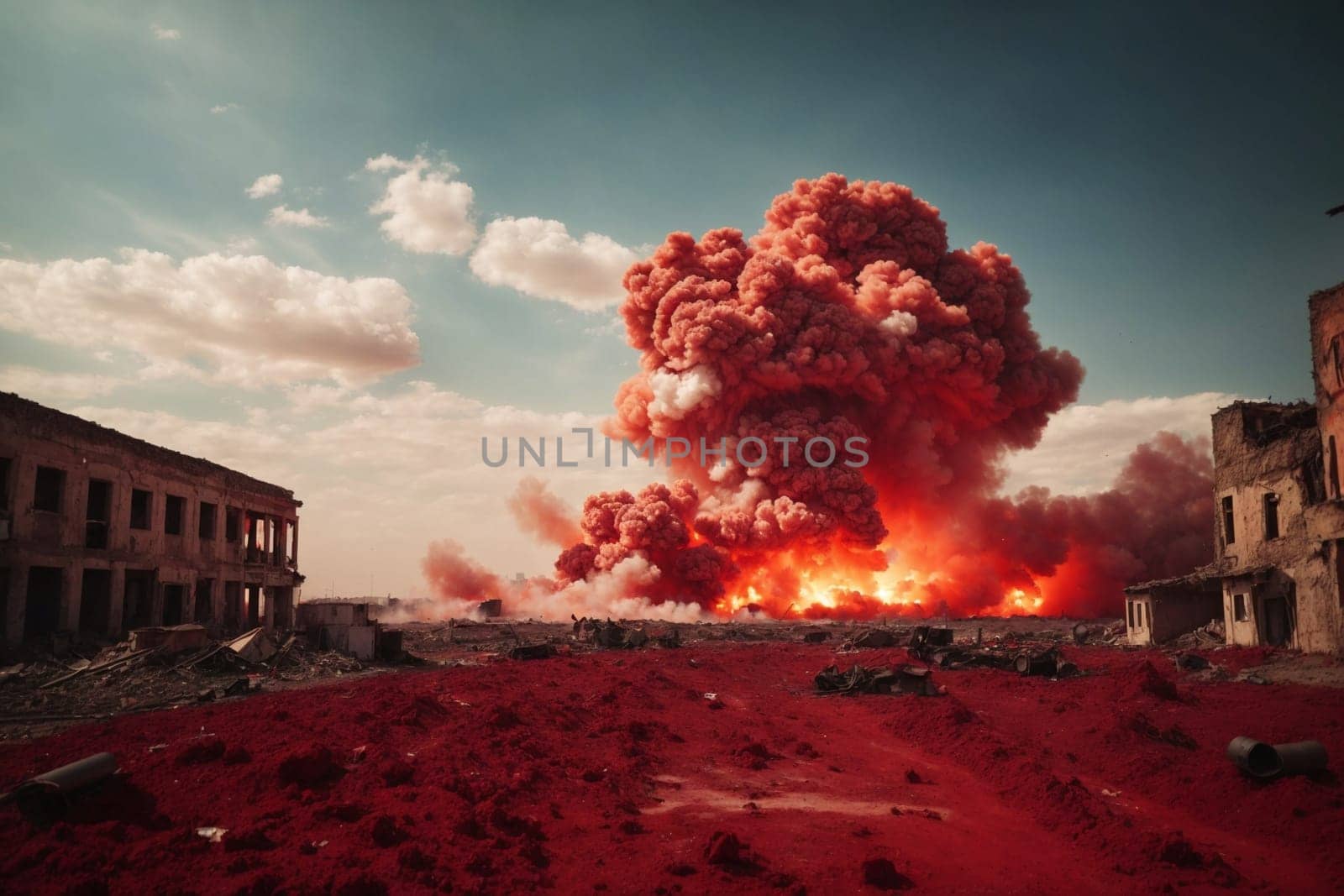 Large Fire Engulfs Building in Urban Area. Generative AI. by artofphoto
