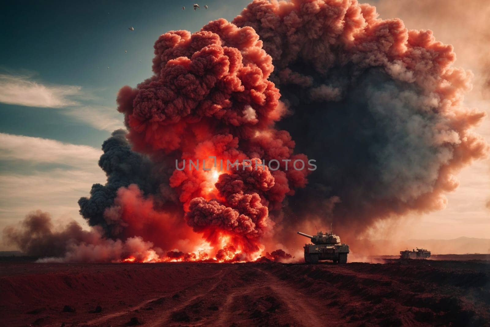 A tank emits a large cloud of smoke and steam into the air, creating a dramatic and intense visual spectacle.