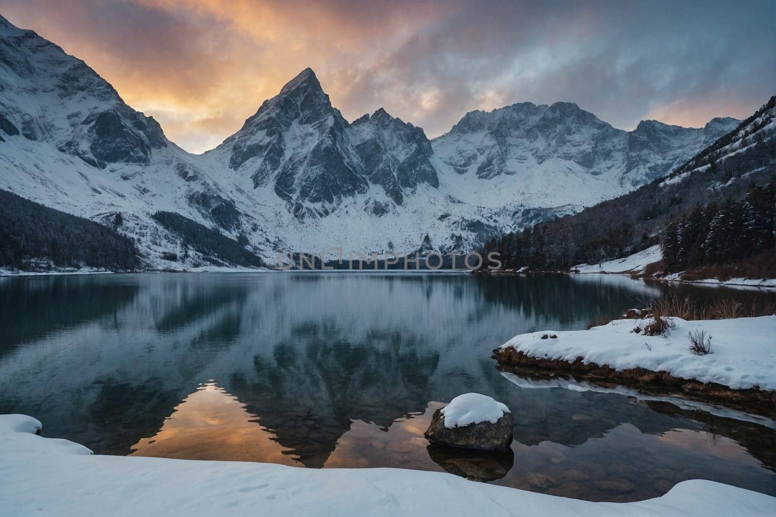 A lake sits nestled amidst towering snow-covered mountains, framed by a cloudy sky.