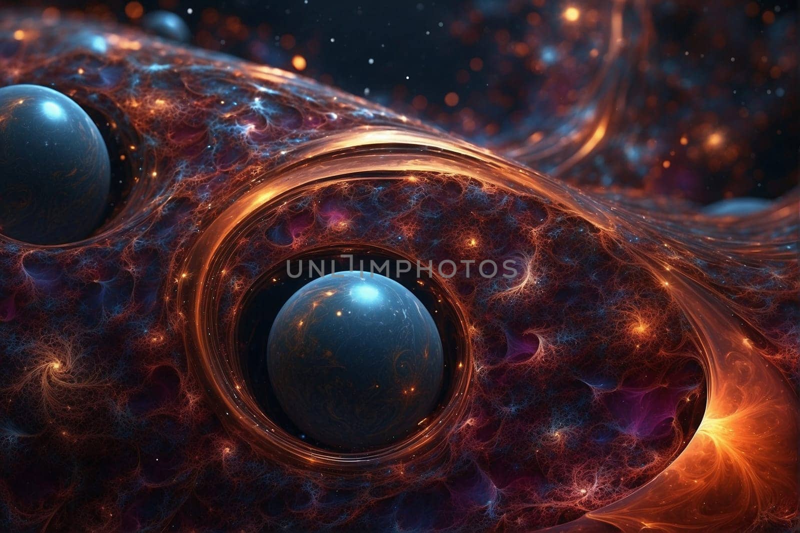 Computer Generated Image of Two Spheres in Space. Generative AI. by artofphoto