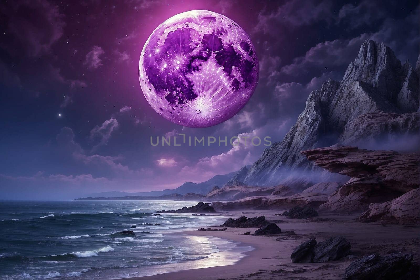 Purple Moon Over the Ocean With a Mountain in the Background. Generative AI. by artofphoto