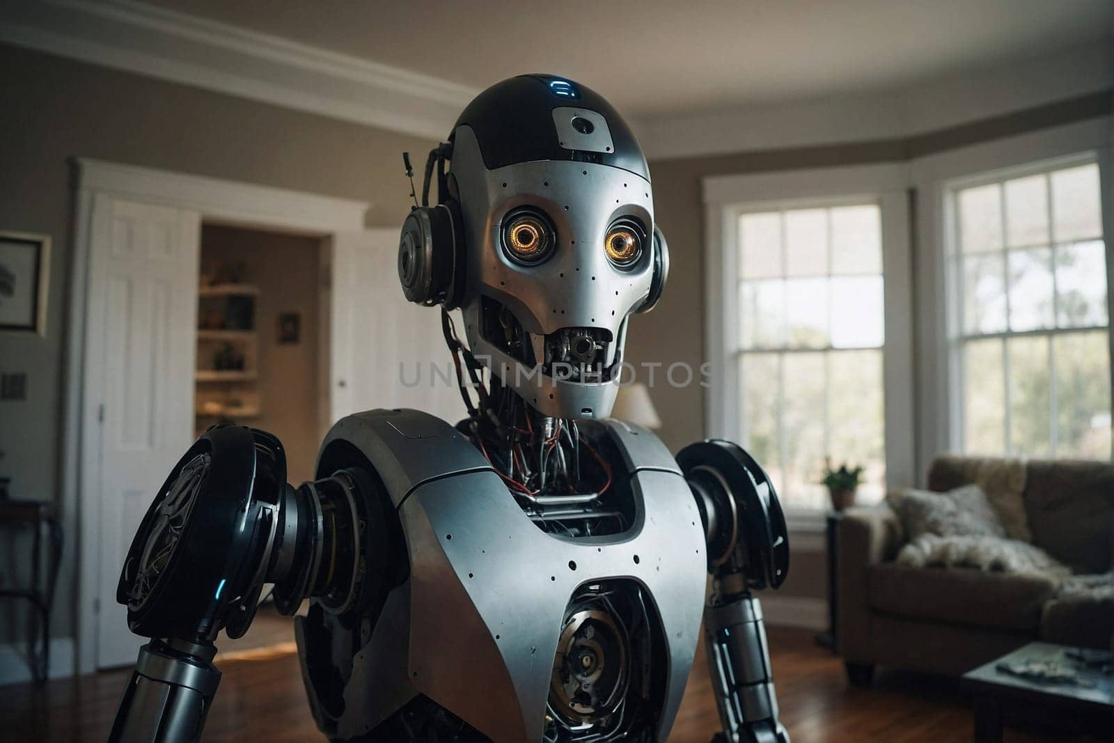 Robot Standing in Living Room. Generative AI. by artofphoto