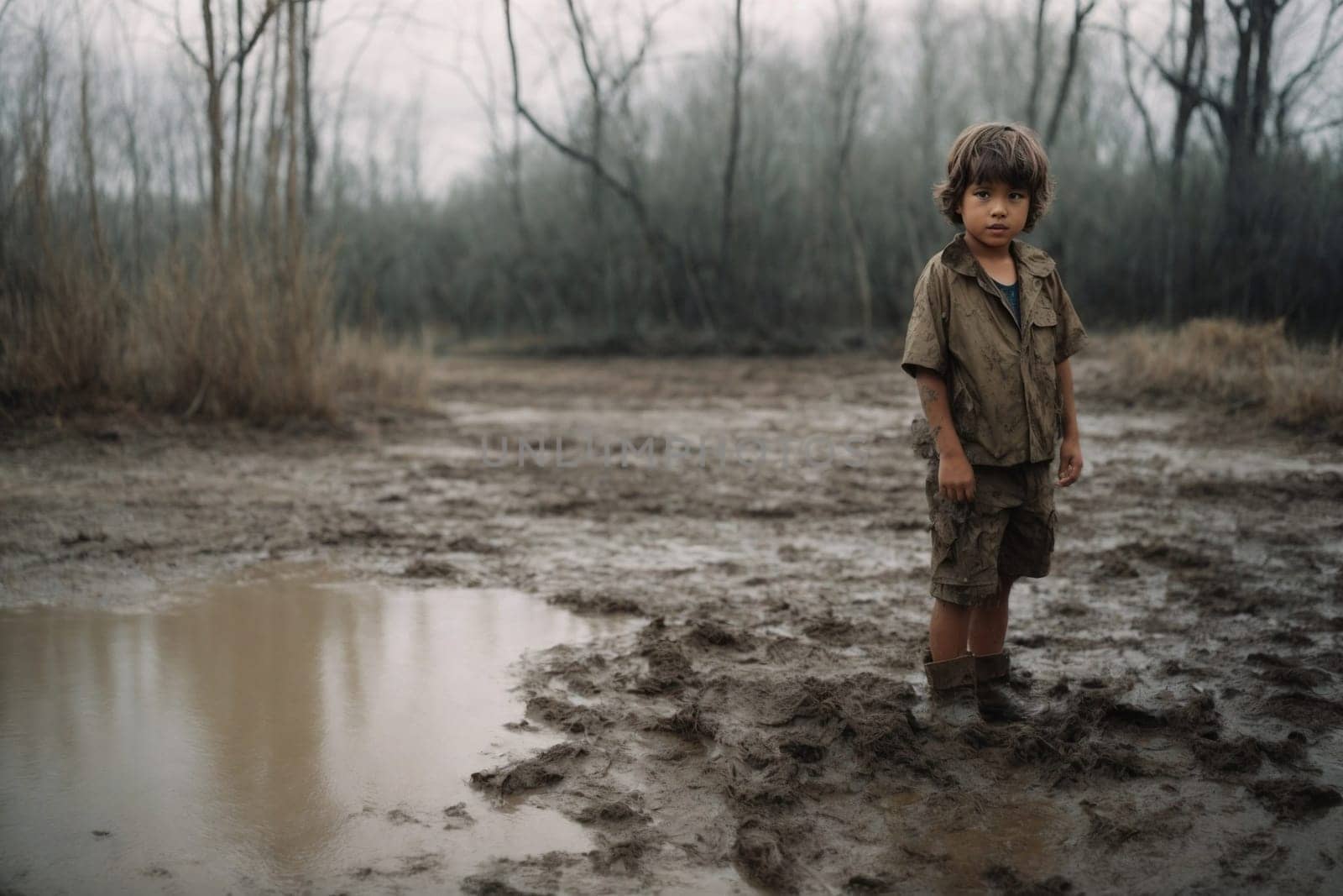 A young boy stands in a muddy puddle, splashing and exploring the water.