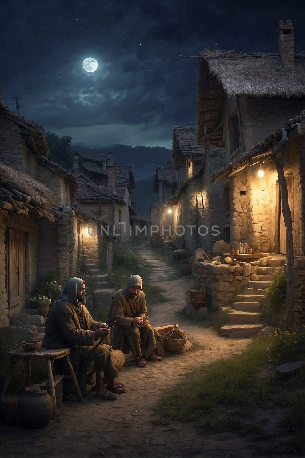 An art piece depicting two individuals comfortably seated on a cobblestone street.