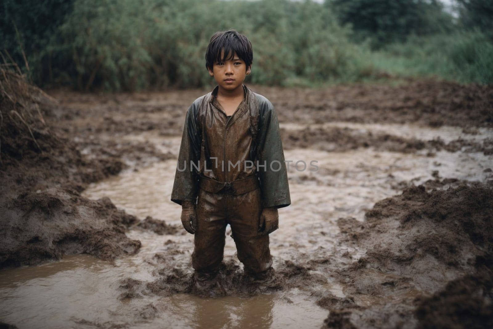 Young Boy Standing in a Muddy Field. Generative AI. by artofphoto