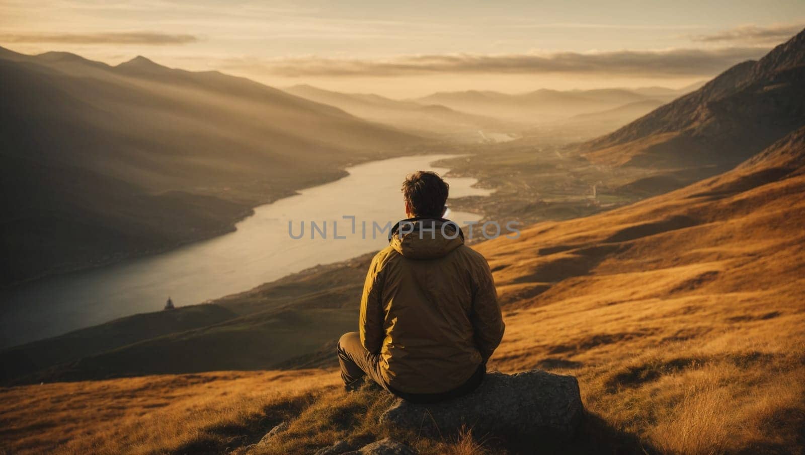 Man Sitting on Top of Grass Covered Hillside. Generative AI. by artofphoto