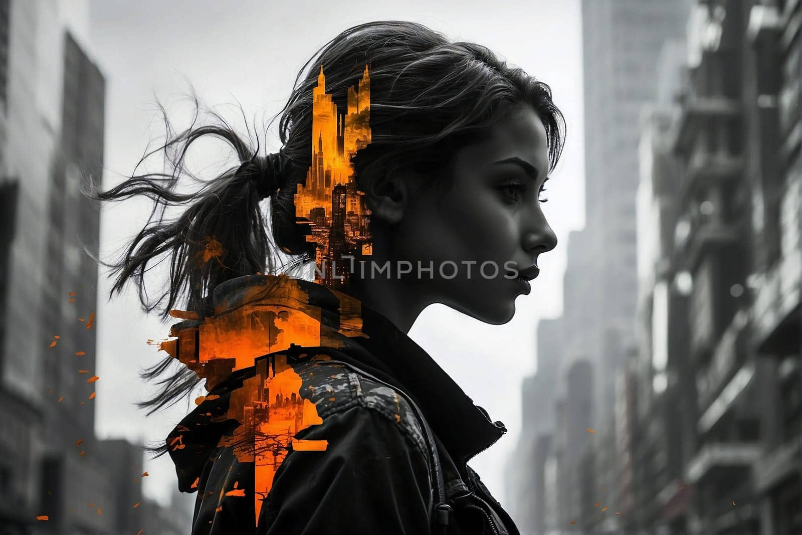 A woman stands tall in front of a bustling city skyline, taking in the urban landscape.