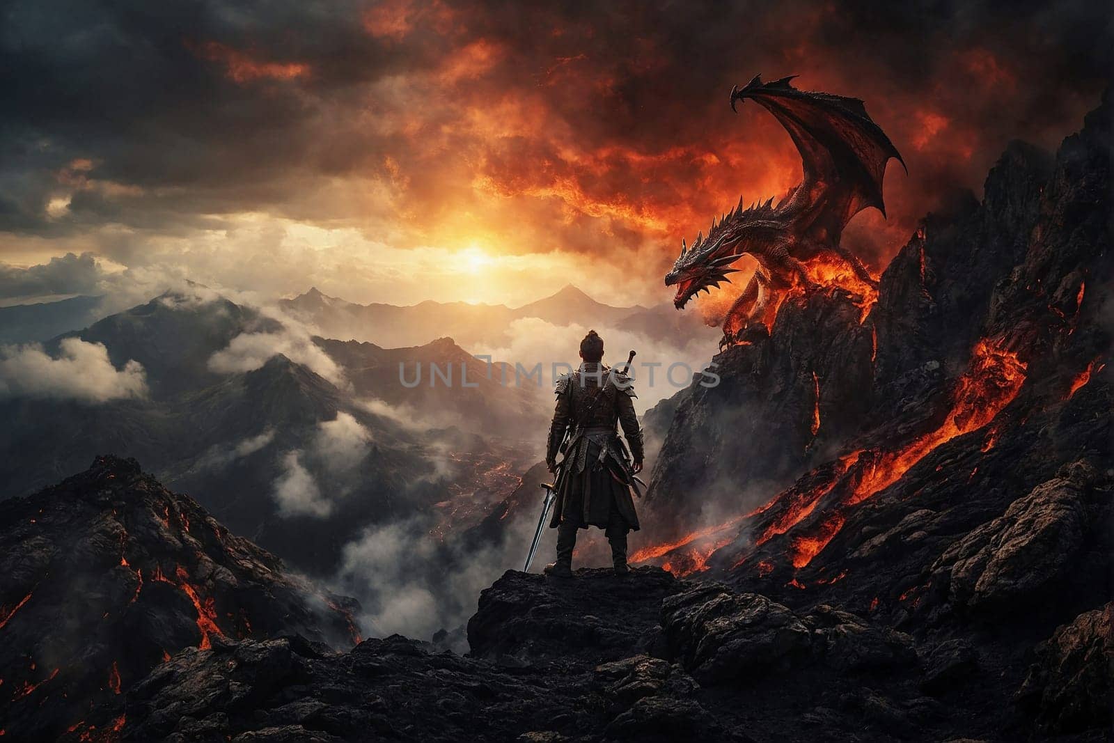 A man stands confidently on a mountain peak, next to a majestic dragon, showcasing their epic alliance.