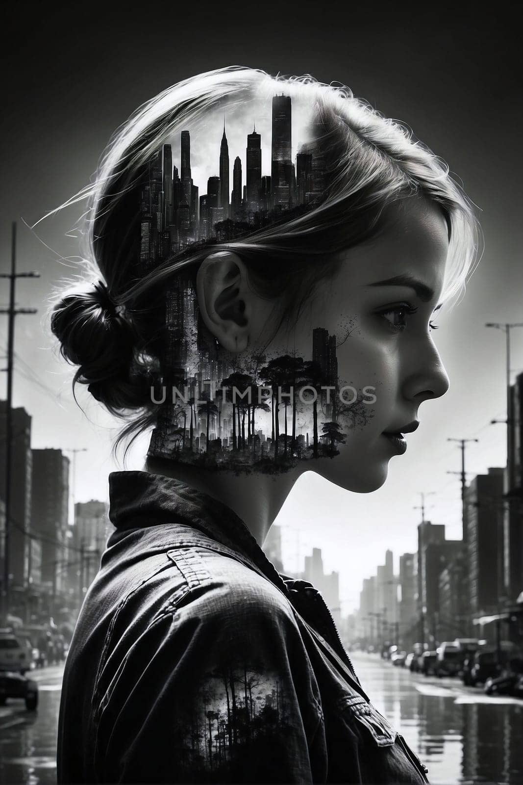 Woman Standing in Front of City. Generative AI. by artofphoto