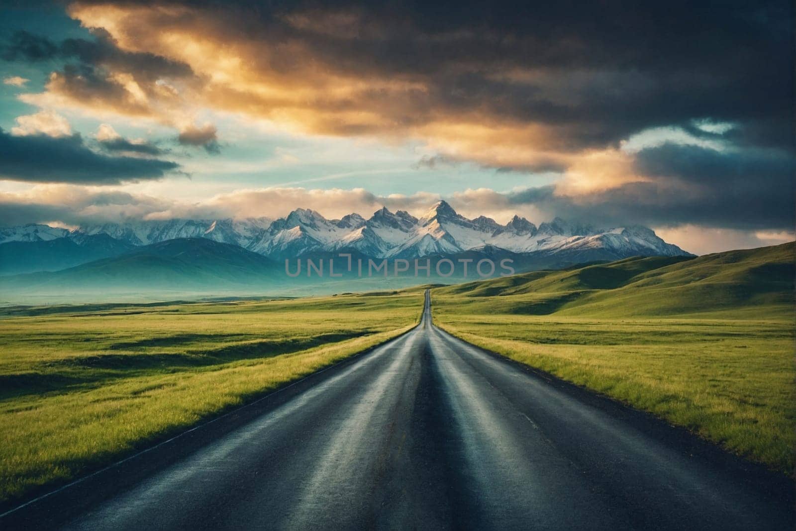 A long, empty road extends into the distance, framed by towering mountains in the background.