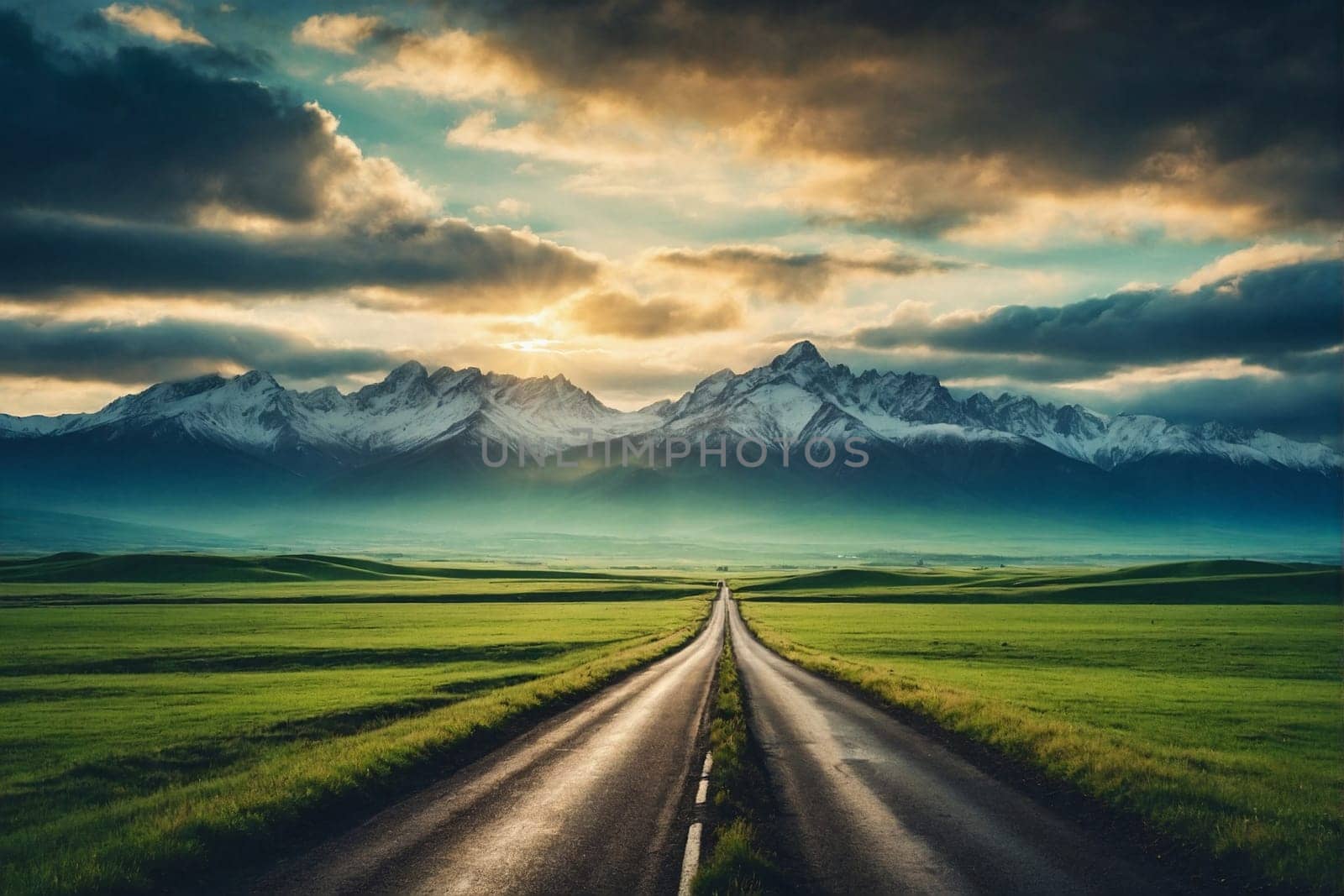 Road Through Green Field With Mountains in Background. Generative AI. by artofphoto