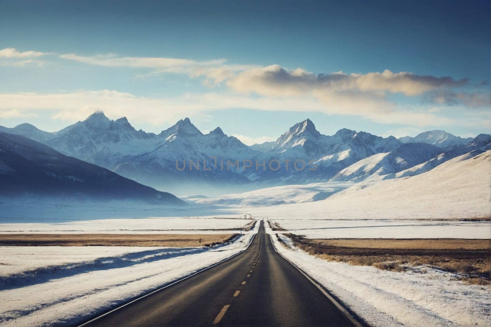 An empty road winds through a snow-covered mountain range, with the rugged peaks and snowy landscape creating a dramatic backdrop.