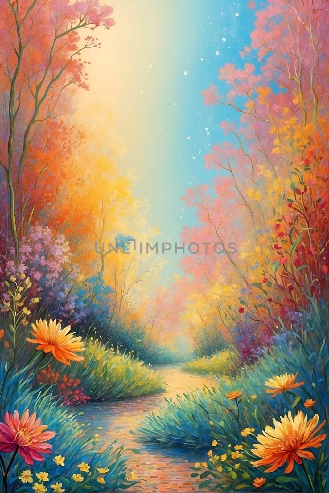 This photo features a vibrant painting of a forest abundant with colorful flowers.