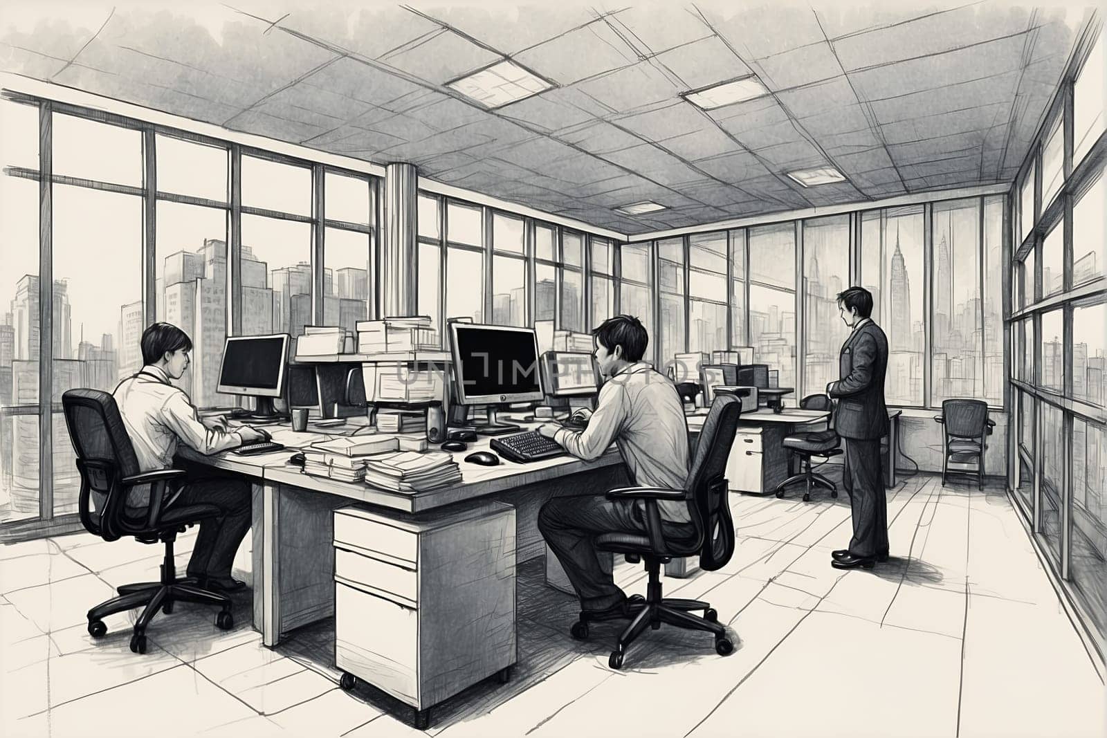 This black and white drawing depicts a group of individuals engaged in various tasks at their computer workstations.