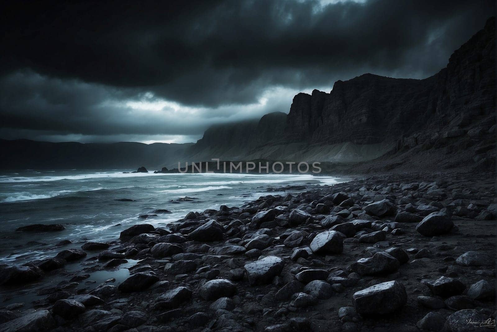 This black and white photograph captures the stark contrast of a rocky beach, showcasing the rugged terrain meeting the crashing waves.