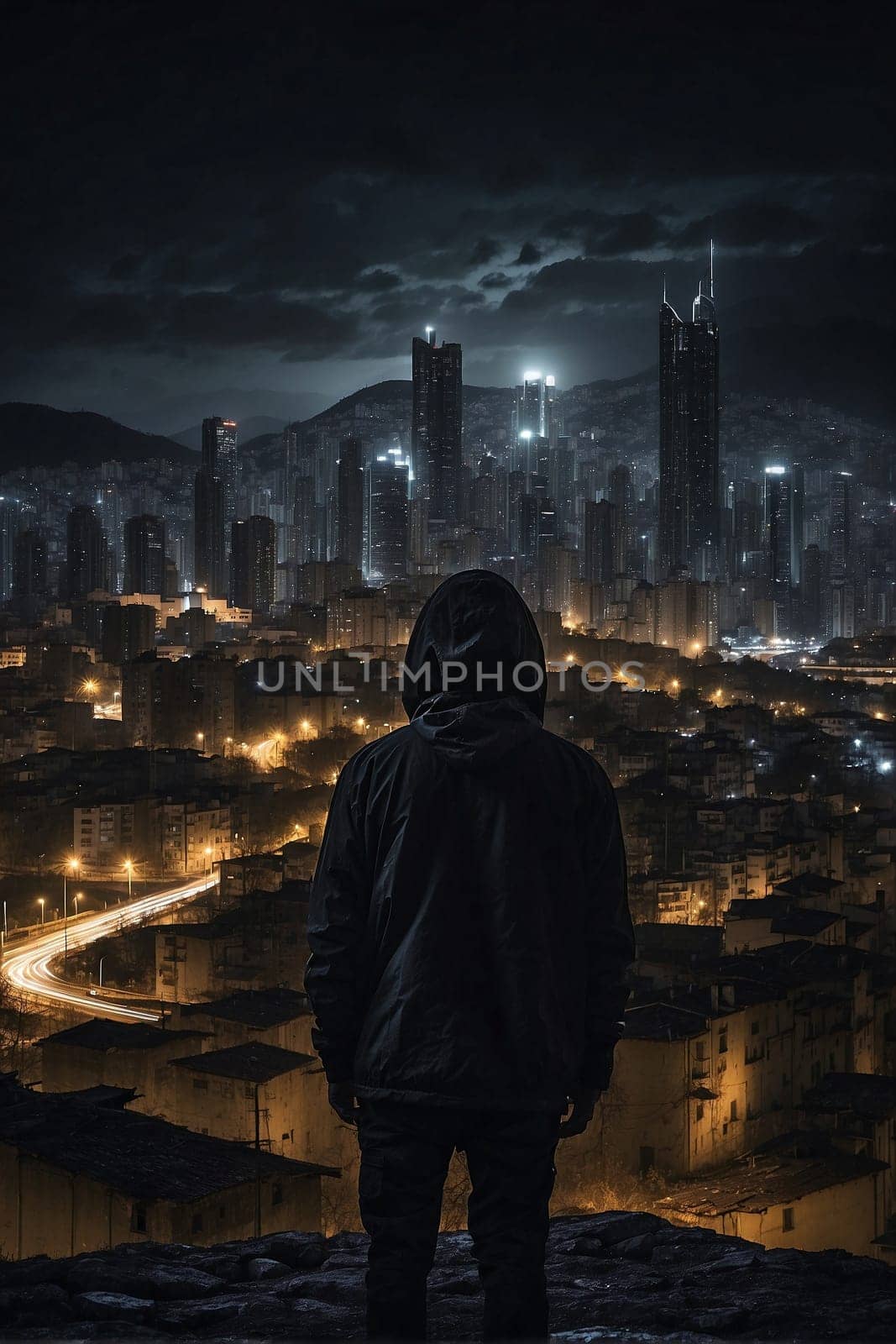 Man Standing on Top of Hill Overlooking City at Night. Generative AI. by artofphoto