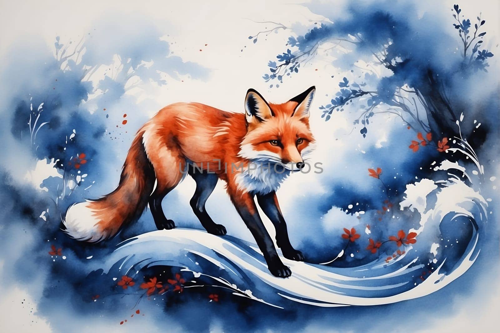 A painting depicting a fox standing on a wave, showcasing the captivating and unique combination of a terrestrial animal in an aquatic setting.