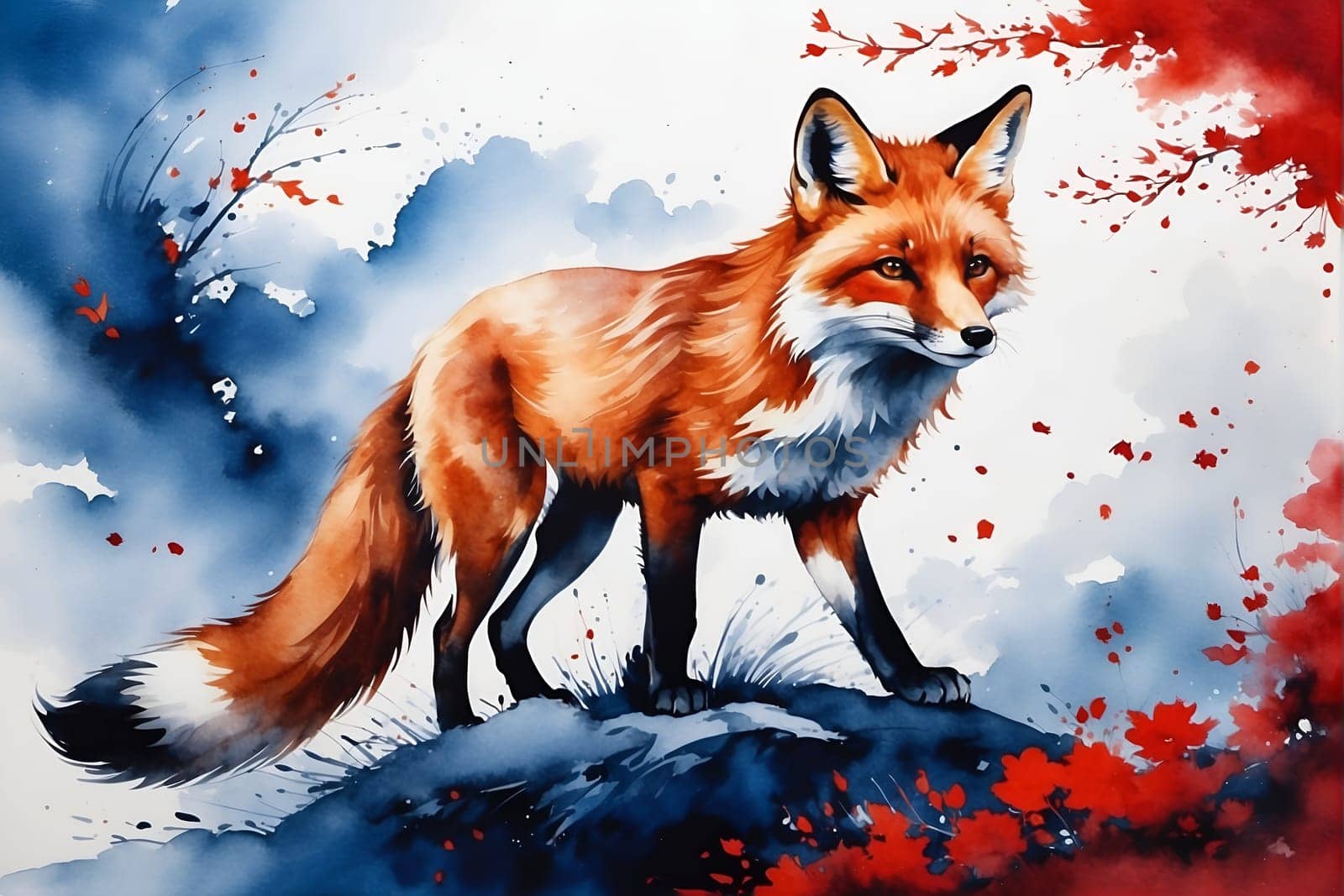A realistic painting depicting a fox standing on a hill, showcasing its natural habitat and behavior.