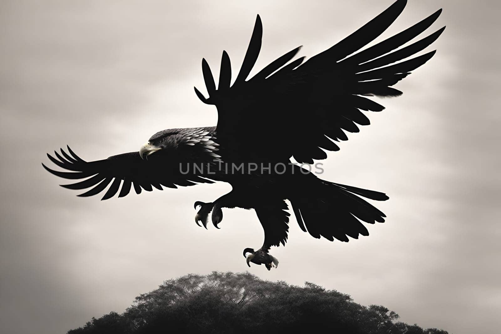 A black and white photograph capturing the graceful flight of a bird against a clear sky.