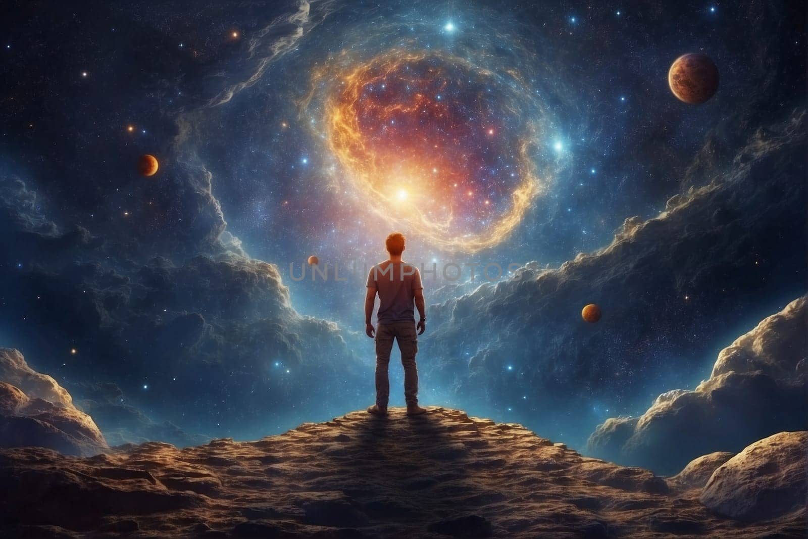 A man stands on a hill, gazing at a space brimming with stars.