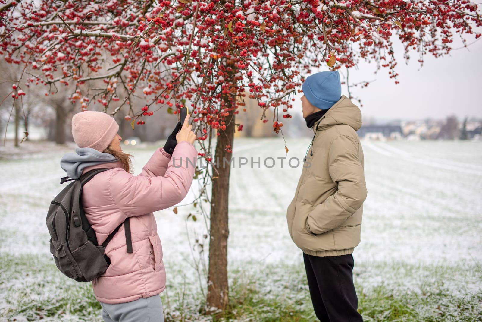 Winter Romance: Girl in Pink Winter Jacket Photographing Boy Against Snow-Covered Red Tree and Field. Embrace the winter magic in this enchanting image, where a girl in a pink winter jacket captures a moment as she photographs her companion against the backdrop of a snow-covered red tree and field. The photograph beautifully conveys the essence of winter romance and the serene beauty of a snowy landscape.