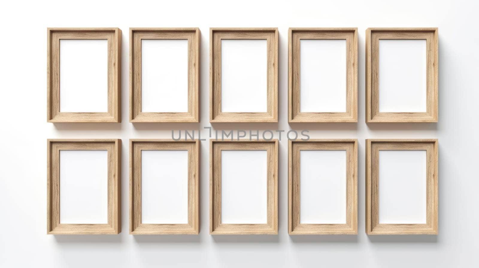 wood photo art frame set on white wall, ai