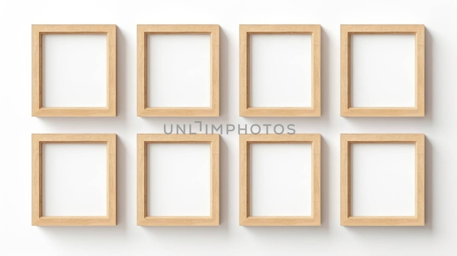 wood photo art frame set on white wall, ai