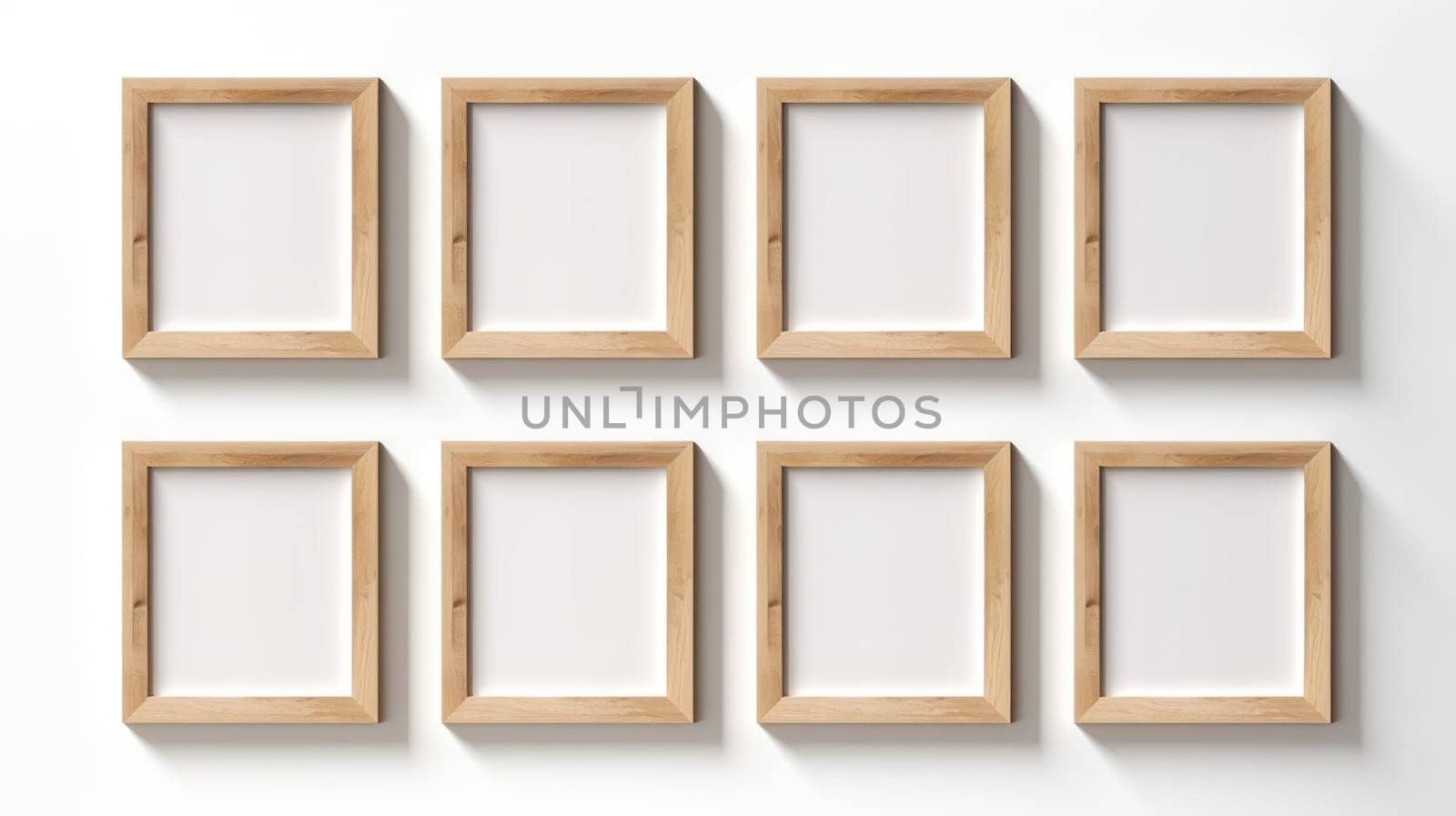 wood photo art frame set on white wall, ai