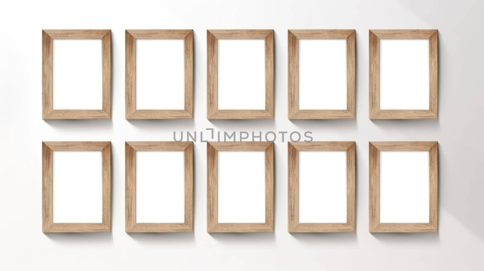 wood photo art frame set on white wall, ai