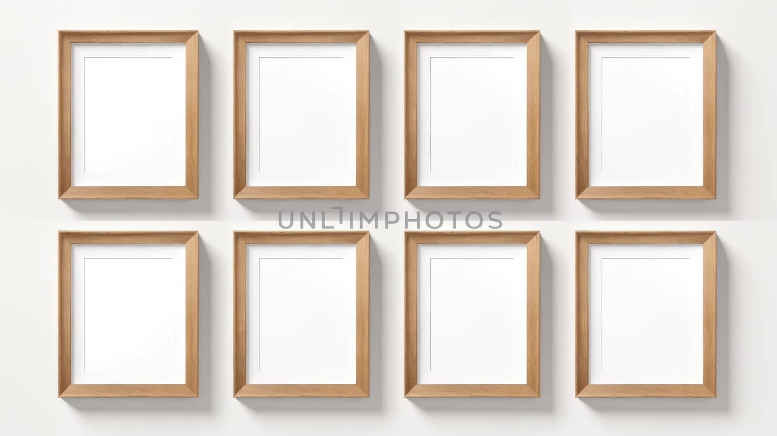 wood photo art frame set on white wall, ai