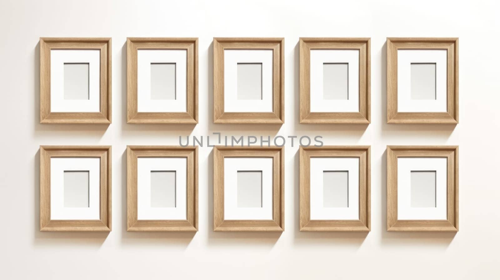 wood photo art frame set on white wall, ai