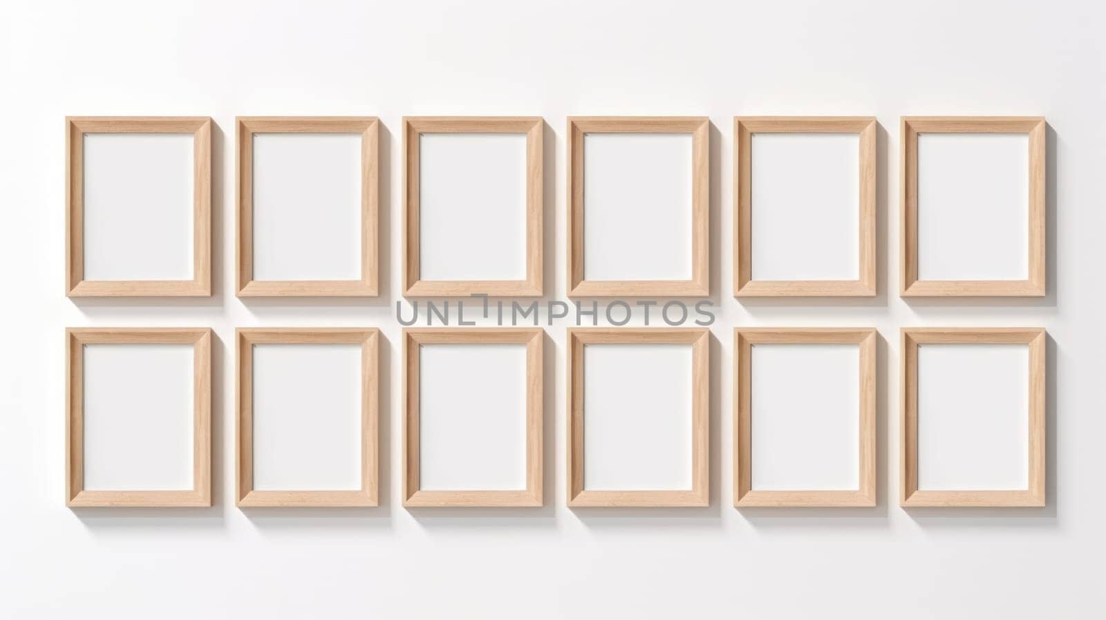 wood photo art frame set on white wall, ai