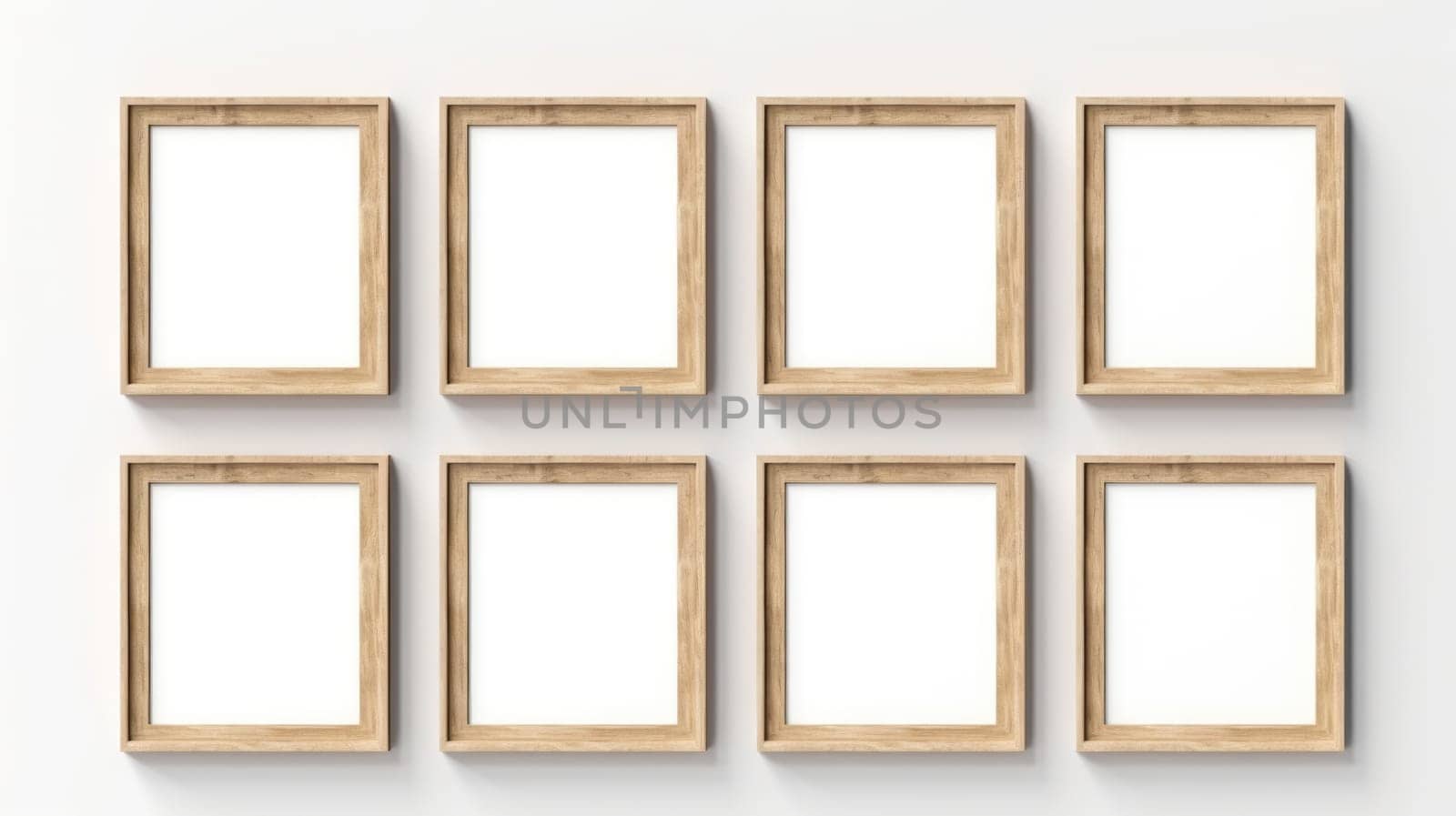 wood photo art frame set on white wall, ai