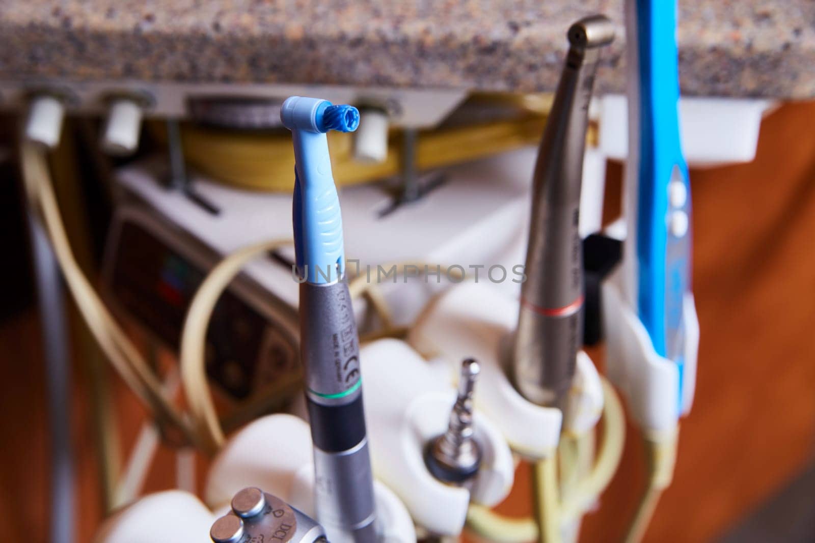 Close-up of precision dental handpieces in a professional clinic setting, Fort Wayne, Indiana, 2017