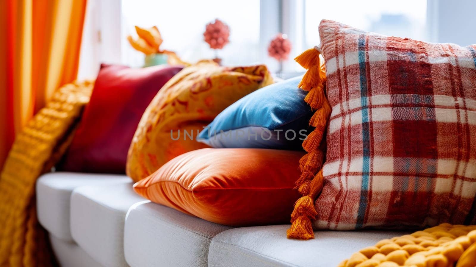 vibrant interior design with colored sofa and cushions by chrisroll