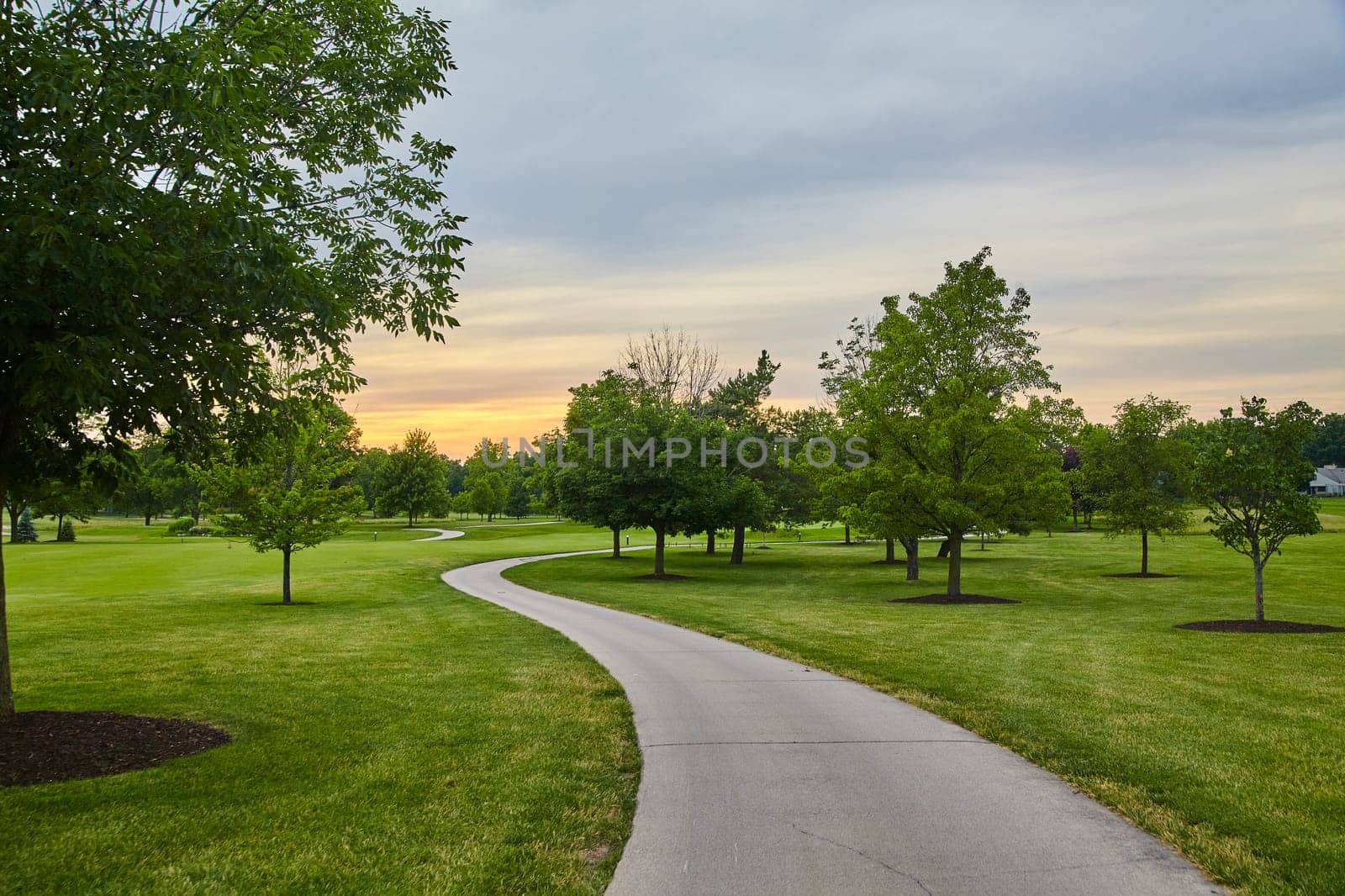 Golden-hour sunset over tranquil pathway in the lush Pine Valley Golf Course Park, Fort Wayne, Indiana, Summer 2016.