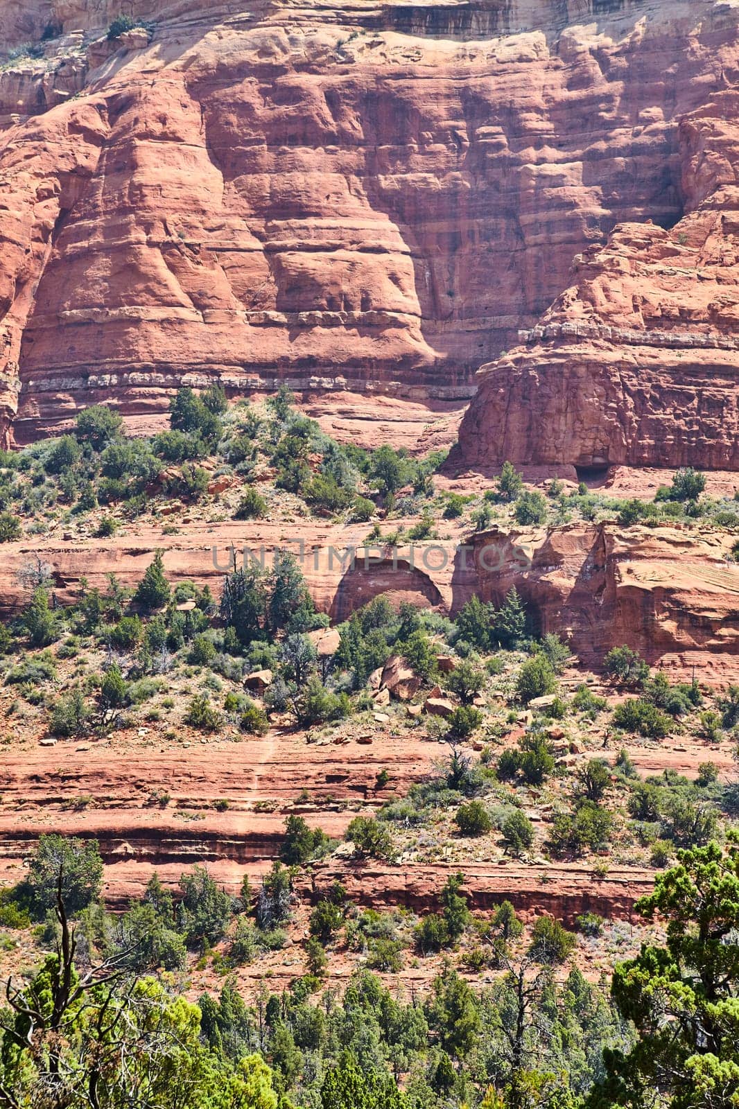 Sunlit view of the vibrant, stratified red rock formations of Devils Bridge in Sedona, Arizona, showcasing desert vegetation and geological grandeur, 2016.