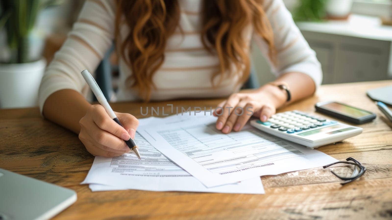Partial view of woman filling in bankruptcy form and using calculator on wooden. Generative AI.