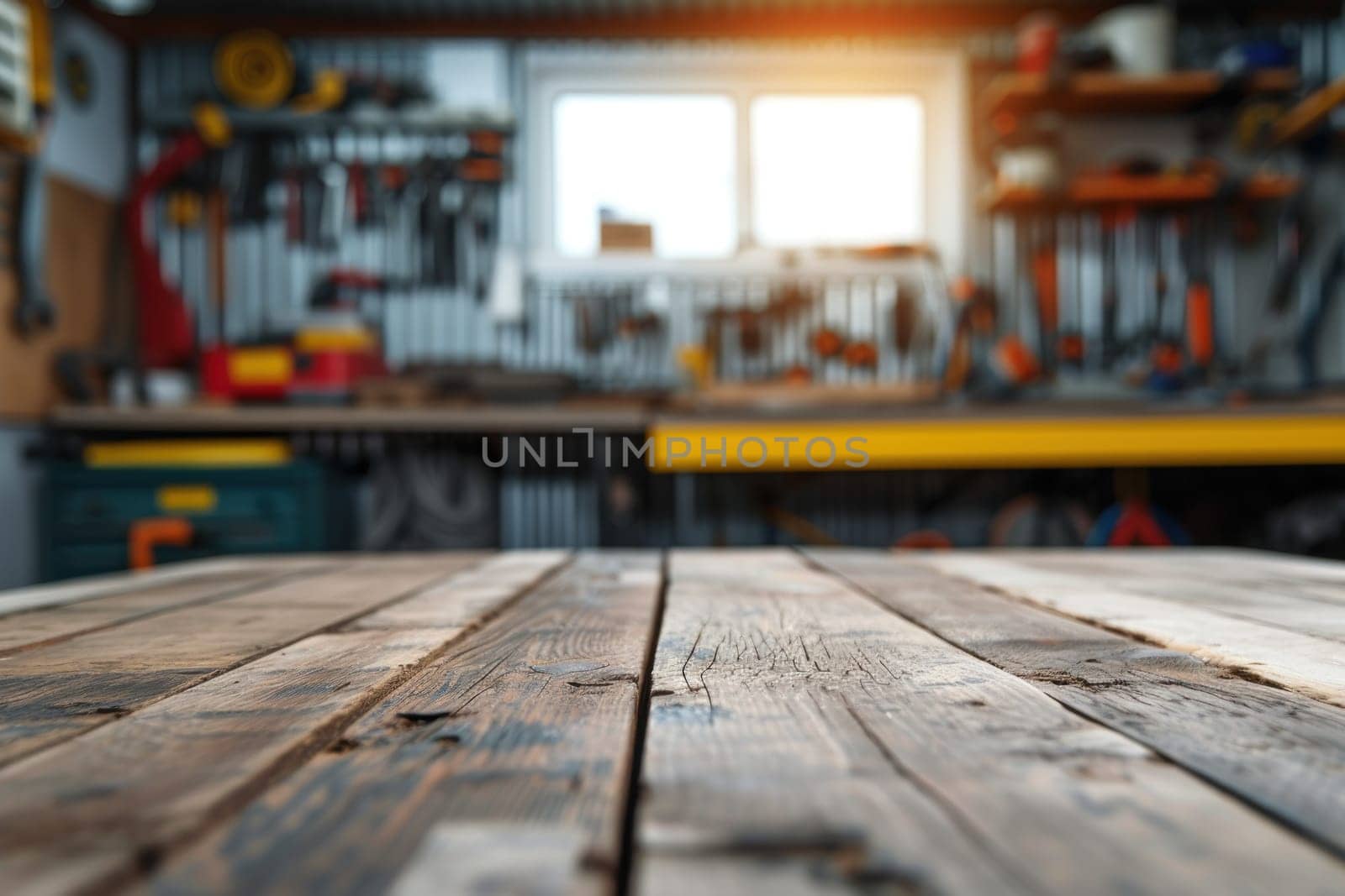 The table with garage tool background. Generative AI.
