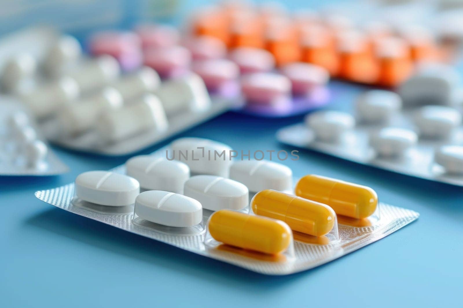 Pile of colorful medicine pills and capsules in blister packs. Generative AI.