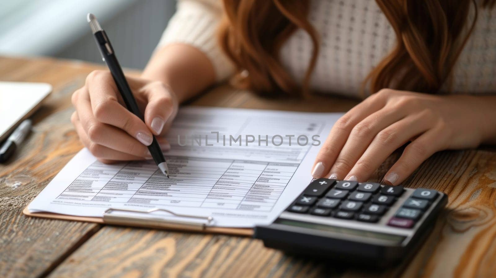 Partial view of woman filling in bankruptcy form and using calculator on wooden. Generative AI.