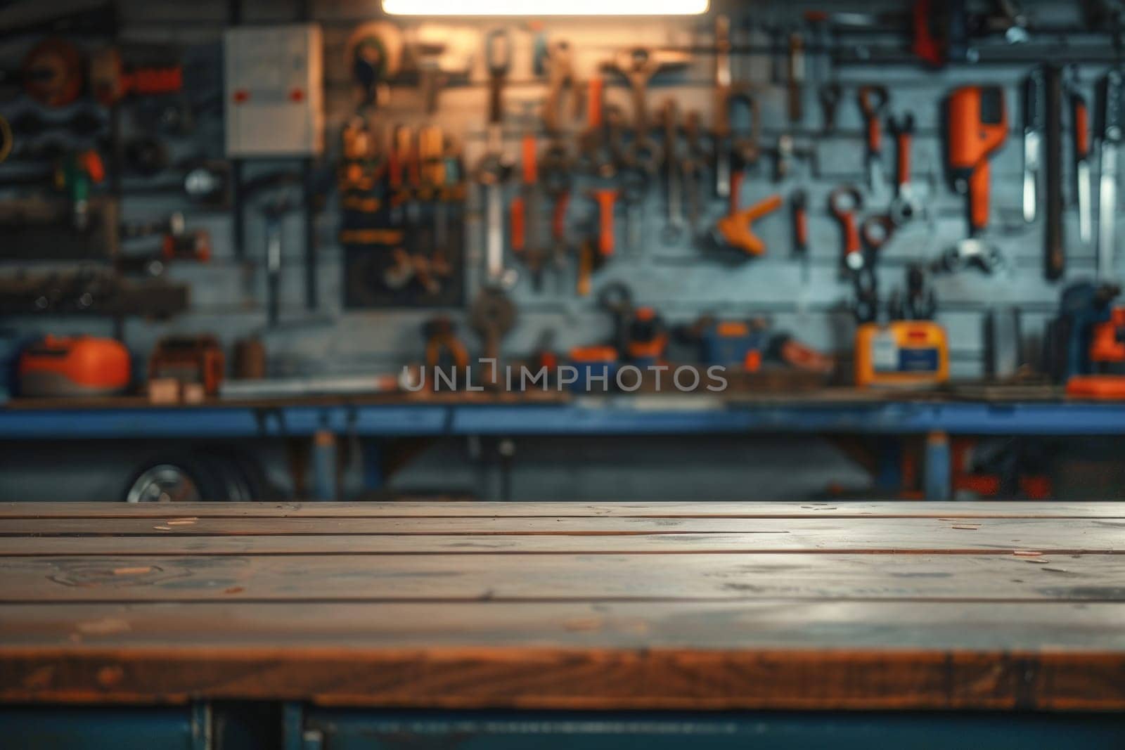 The table with garage tool background. Generative AI.