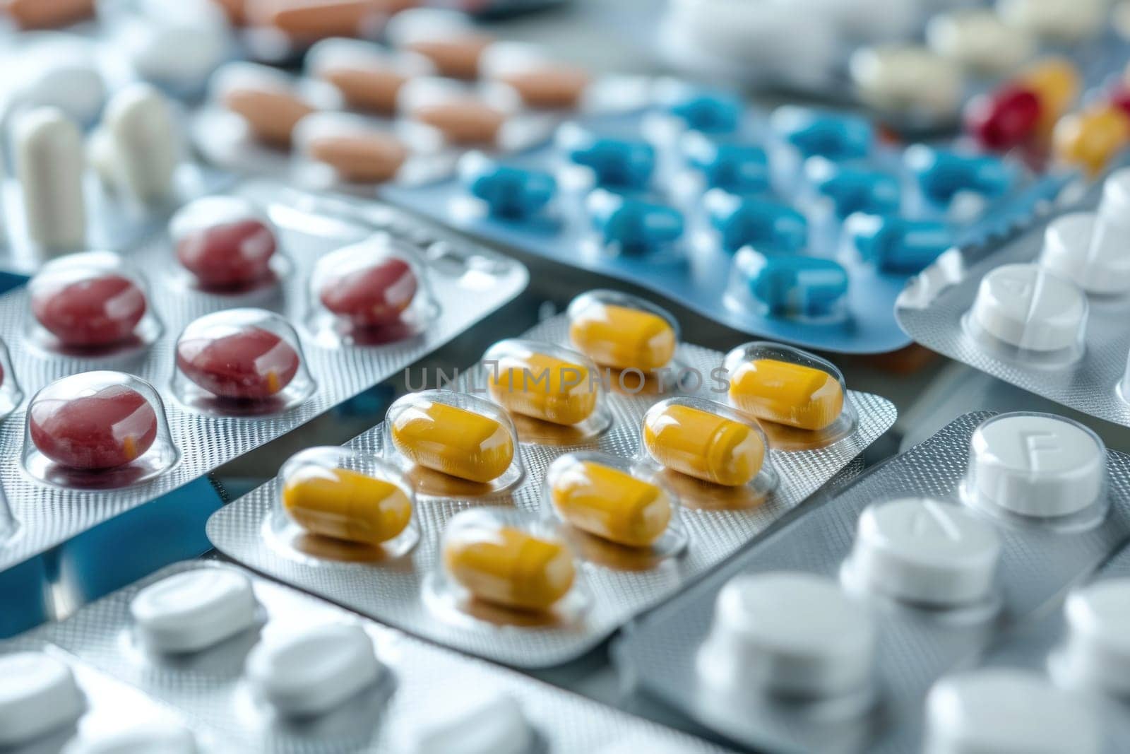 Pile of colorful medicine pills and capsules in blister packs. Generative AI.