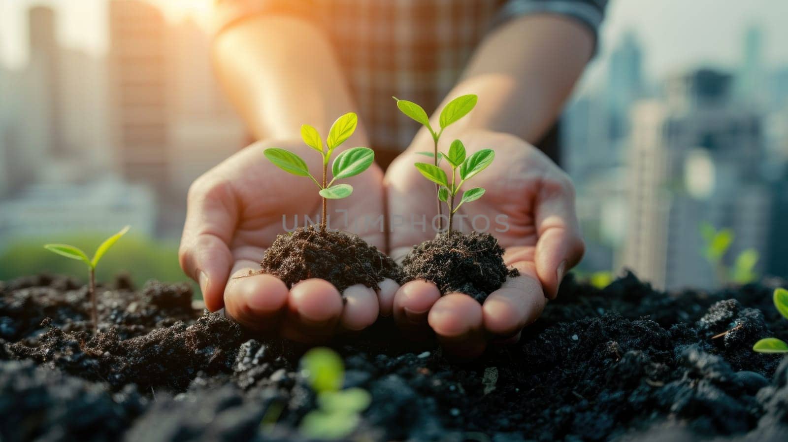 Hands holding small saplings growing, with a city and industries in the background. Generative AI.