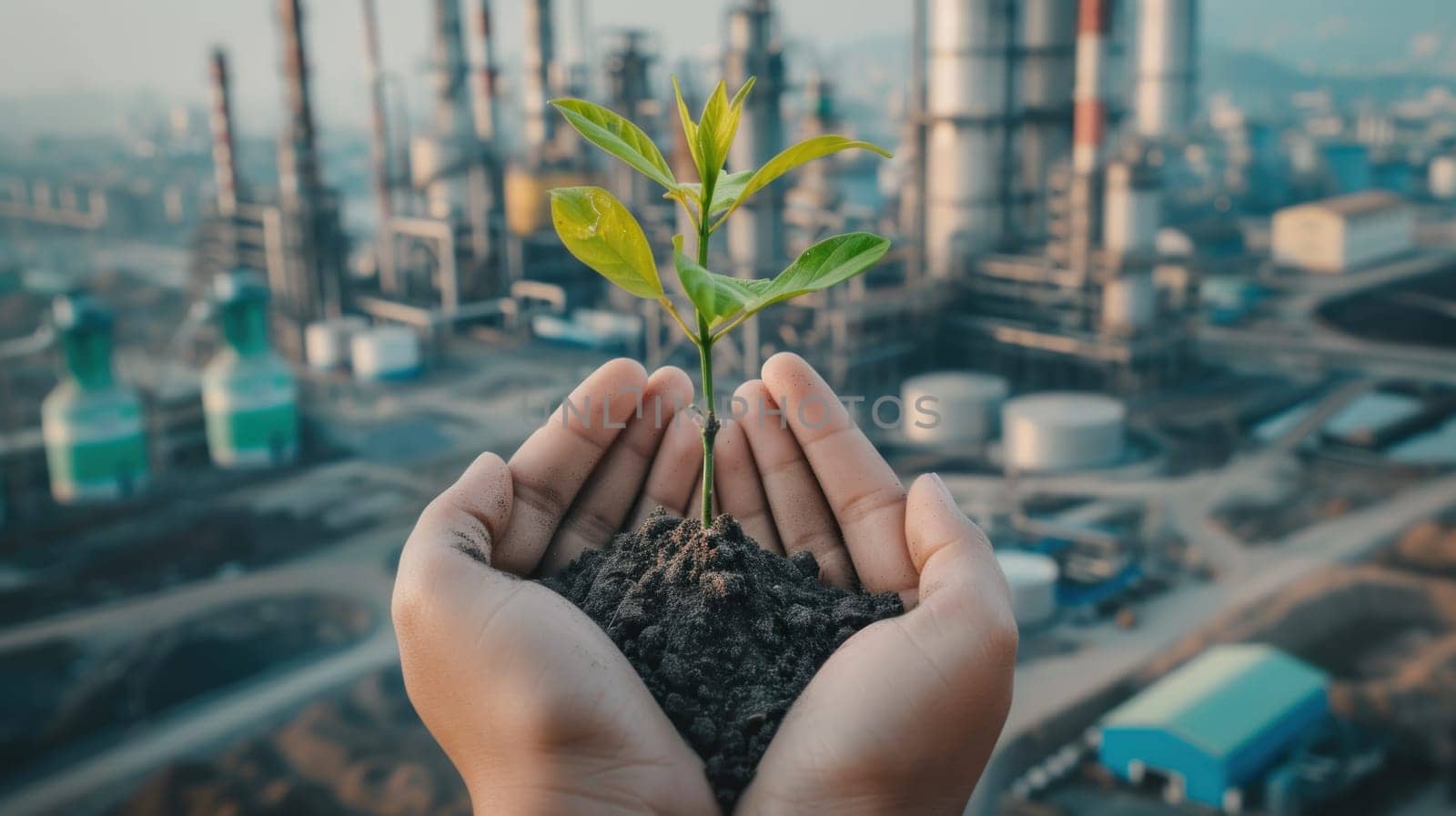 Hands holding small saplings growing, with a city and industries in the background. Generative AI.