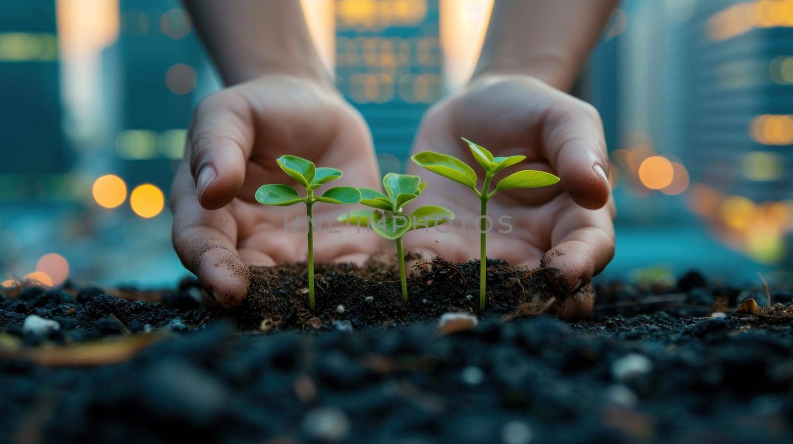 Hands holding small saplings growing, with a city and industries in the background. Generative AI.