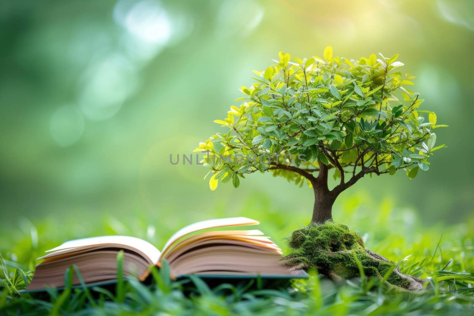 Tree with book leaves symbolizing growth through reading. Generative AI.