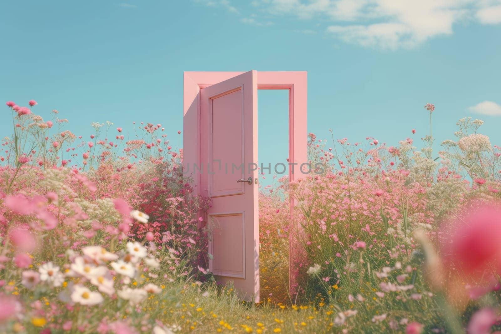 Door in field landscape at day, concept of new goals and progress. Generative AI.