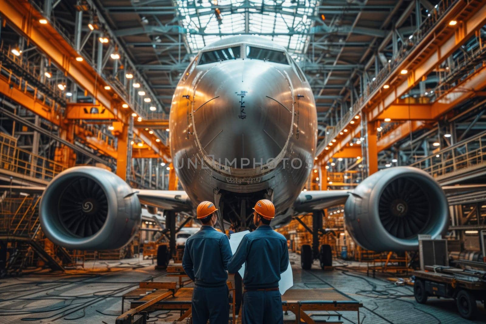 Engineers stand holding blueprints and discussing design details in an airplane. Generative AI.