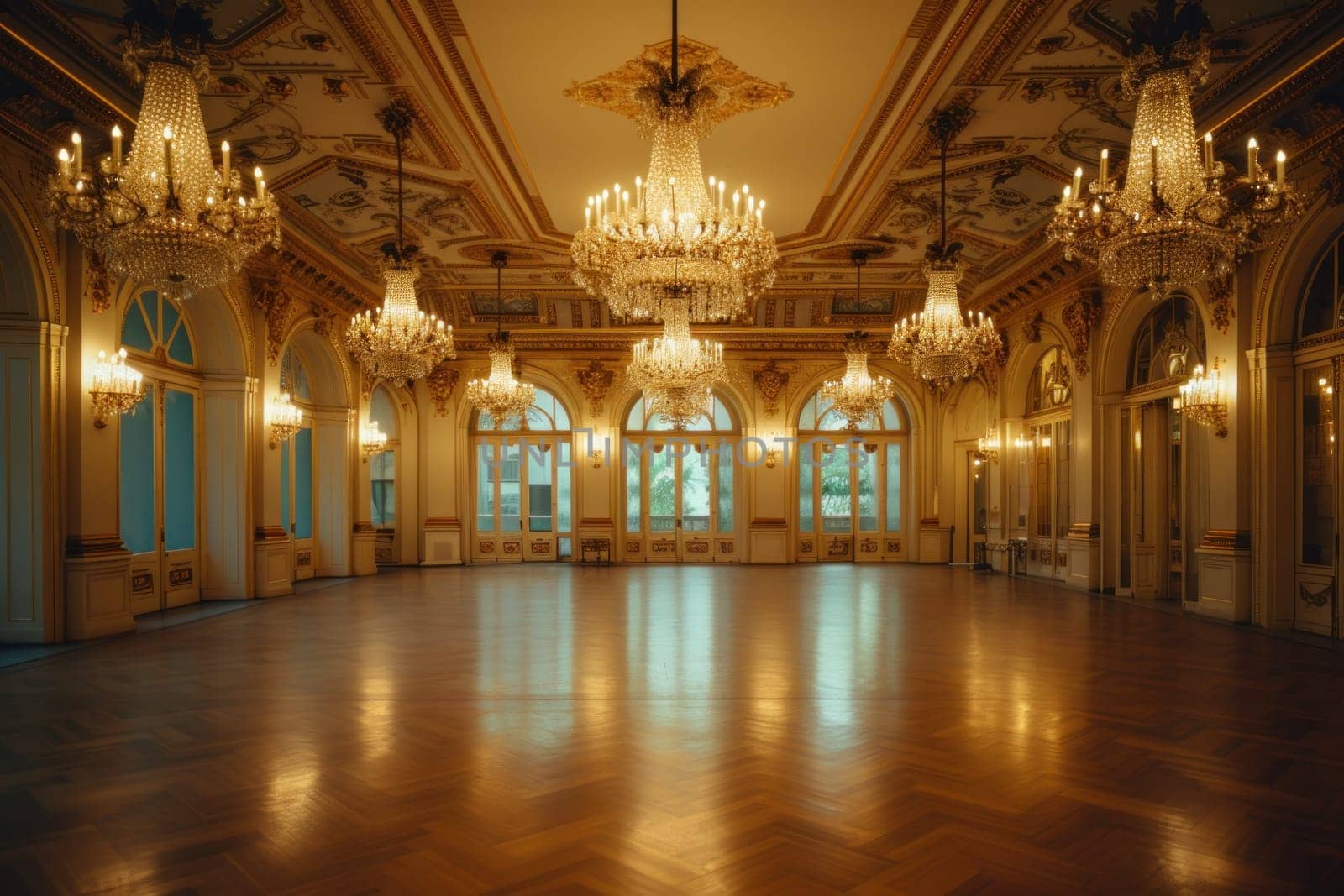 An Antique Ballroom with Crystal Chandeliers and Ornate decor. Generative AI.